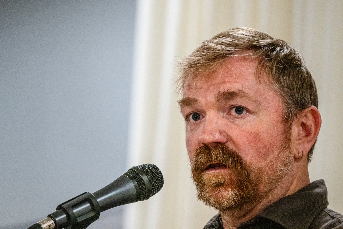  Democratic U.S. Senate candidate Graham Platner speaks to voters at a town hall at Elks Lodge 188 on June 7 in Portland, Maine. 