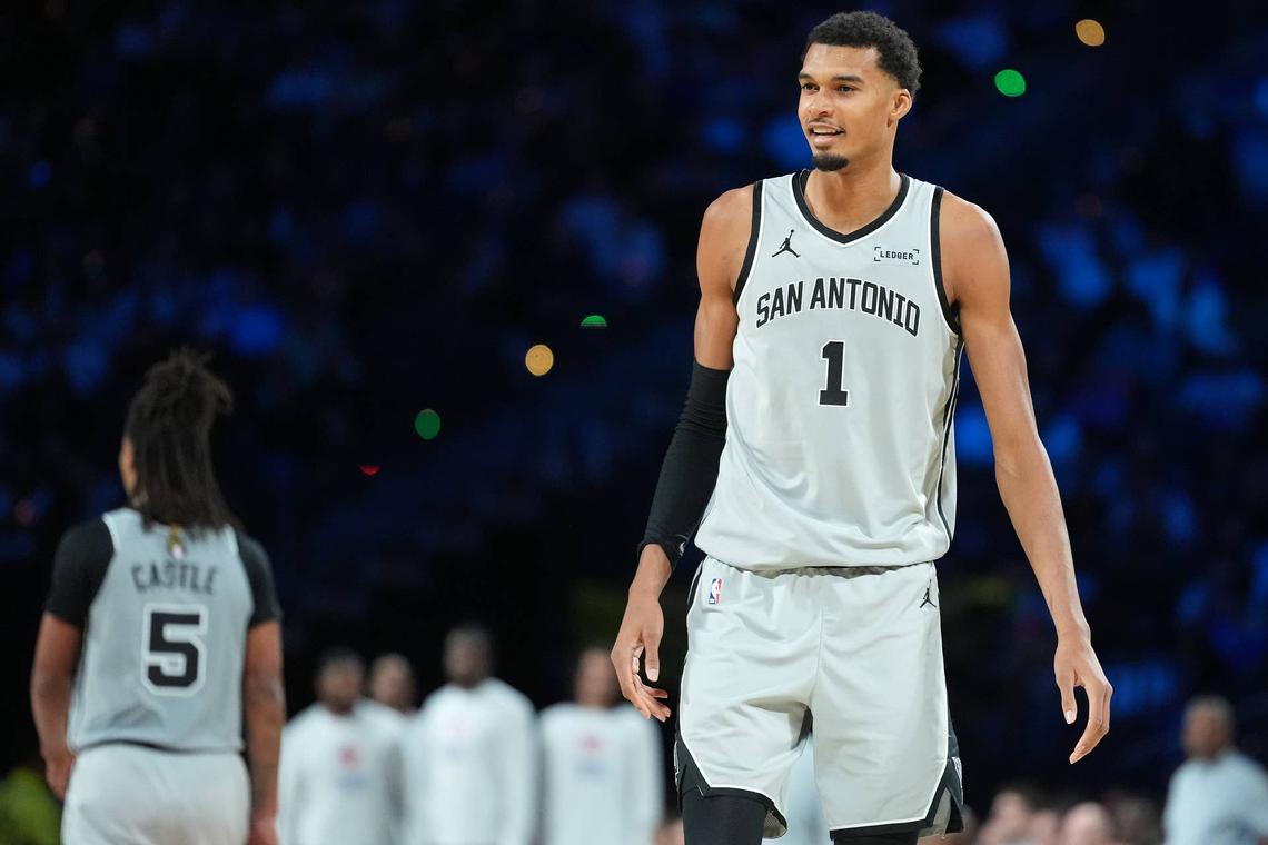  Dec 16, 2025; Las Vegas, Nevada, USA; San Antonio Spurs forward Victor Wembanyama (1) reacts against the New York Knicks in the second half during the Emirates NBA Cup Final at T-Mobile Arena. Mandatory Credit: Kirby Lee-Imagn Images 