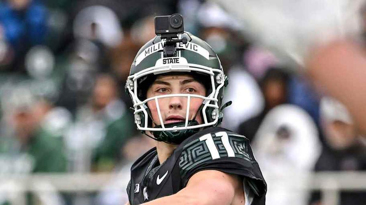  Michigan State's Alessio Milivojevic throws a pass during the football Spring Showcase on Saturday, April 18, 2026, at Spartan Stadium in East Lansing. | Nick King/Lansing State Journal / USA TODAY NETWORK via Imagn Images 
