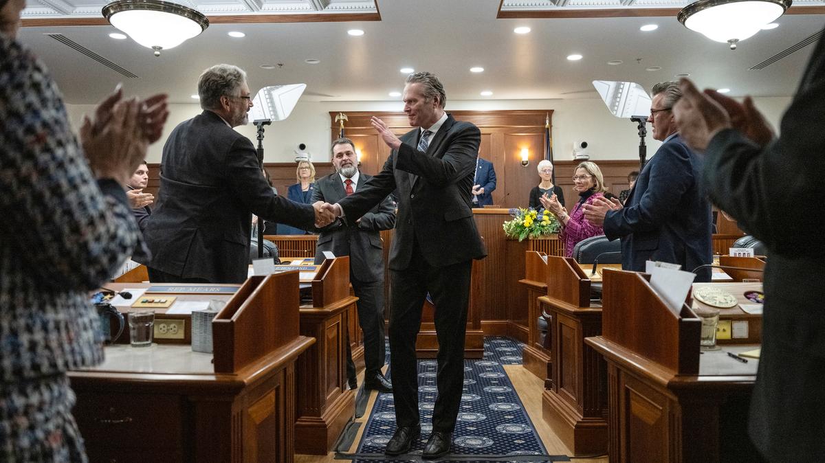 Alaska Gov. Mike Dunleavy exits the state House of Representatives chamber after gaving his last State of the State address to a joint session of the Alaska Legislature in Juneau, Alaska, on Jan. 22, 2026. (Marc Lester/Anchorage Daily News/TNS)