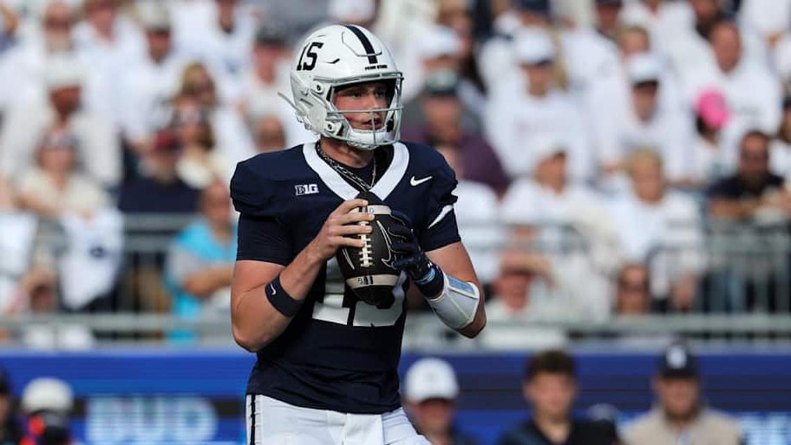  Oct 11, 2025; University Park, Pennsylvania, USA; Penn State Nittany Lions quarterback Drew Allar (15) drops back in the pocket during the first quarter against the Northwestern Wildcats at Beaver Stadium. Mandatory Credit: Matthew O'Haren-Imagn Images | Matthew O'Haren-Imagn Images 
