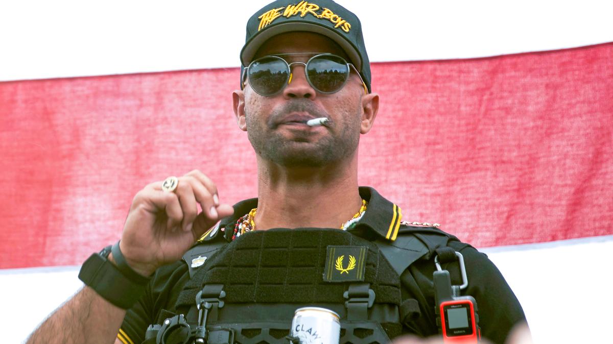 A Sept. 26, 2020, file photo shows then-Proud Boys leader Henry “Enrique” Tarrio during a rally in Portland, Ore.