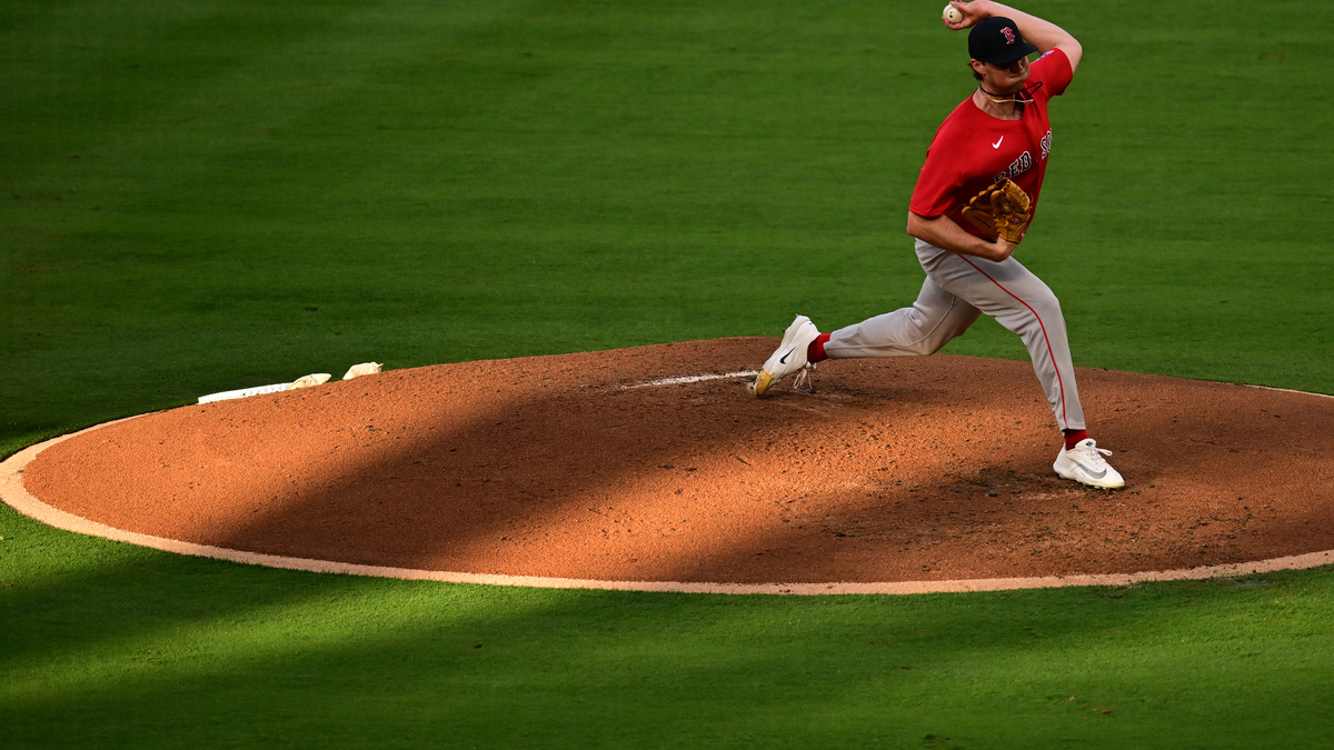 Jake Bennett #64 of the Boston Red Sox pitches in the third inning against the Los Angeles Angels at Angel Stadium of Anaheim on July 3, 2026, in Anaheim, California. (John McCoy/Getty Images/TNS)