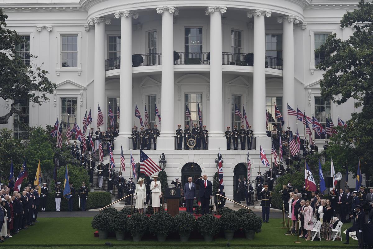 From right: President Donald Trump, King Charles III, first lady Melania Trump and Queen Camilla during an arrival ceremony on the South Lawn of the White House in Washington, on Tuesday, April 28, 2026. (Salwan Georges/The New York Times)
