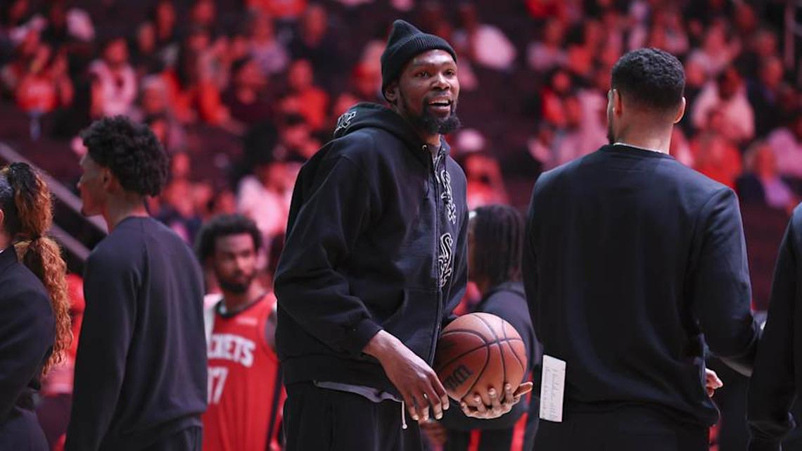  Apr 12, 2026; Houston, Texas, USA; Houston Rockets forward Kevin Durant (7) holds a basketball during a timeout during the second quarter against the Memphis Grizzlies at Toyota Center. Mandatory Credit: Troy Taormina-Imagn Images | Troy Taormina-Imagn Images 