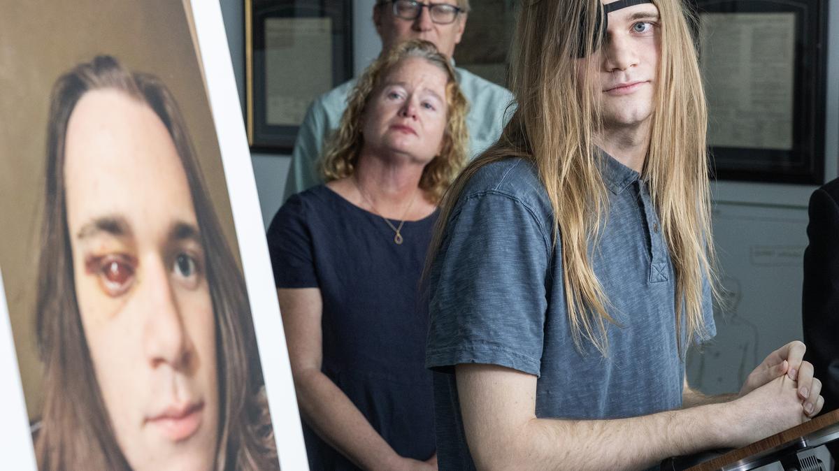 Tucker Collins, with his mother Joann and father George, takes questions during a press conference at his attorney's office in Marina Del Rey, Calif., on Wednesday, April 15, 2026. (Myung J. Chun/Los Angeles Times/TNS)