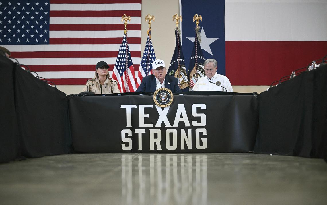 President Donald Trump and First Lady Melania Trump sit with Texas Gov. Greg Abbott following devastating flooding that occurred in the Hill Country area over the July 4 weekend.