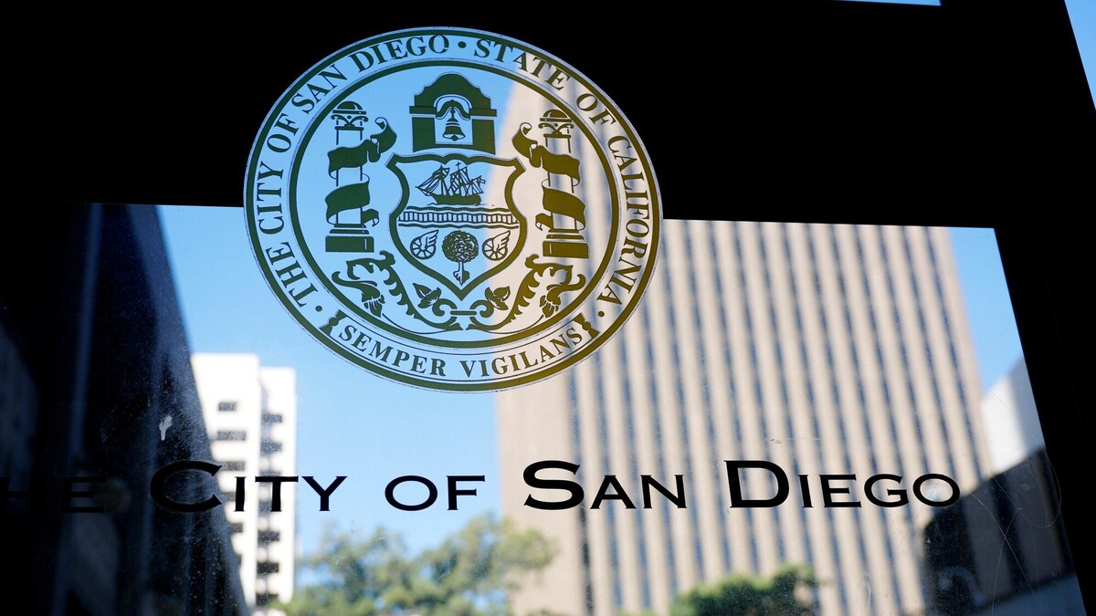 A City of San Diego logo is seen at City Hall on Jan. 20, 2026, in San Diego. (K.C. Alfred / The San Diego Union-Tribune)