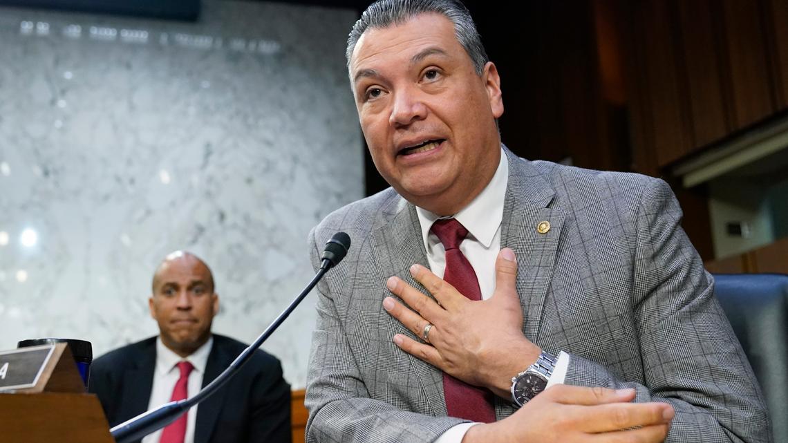 Sen. Alex Padilla, D-Calif., speaks during a confirmation hearing in March. Padilla got $250 million for California as he secured spending for 134 projects around the state.