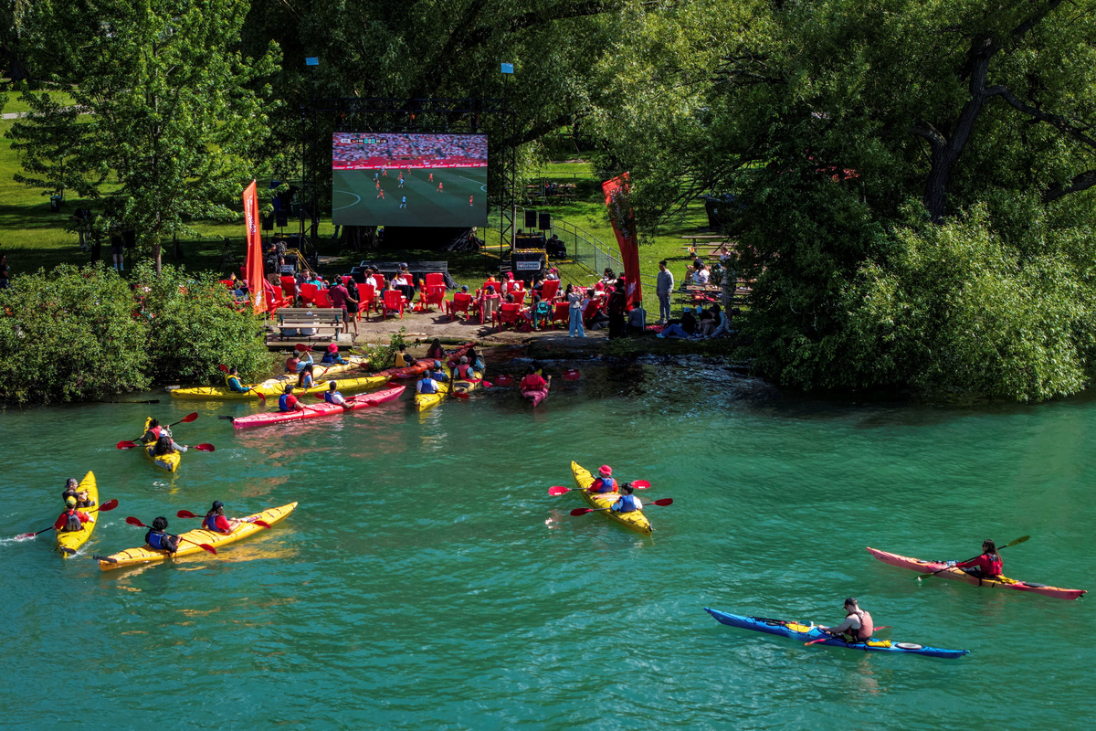 Soccer Football - FIFA World Cup 2026 - Group E - Germany v Ivory Coast - Fans gather in Toronto - Toronto, Canada - June 20, 2026. A drone view shows fans watching the match from kayaks at Olympic Island. REUTERS/Carlos Osorio