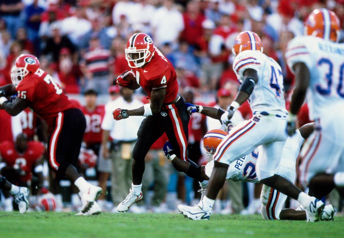  Georgia Bulldogs defensive back Champ Bailey in action against the Florida Gators at Alltel Stadium. RVR Photos-USA TODAY Sports