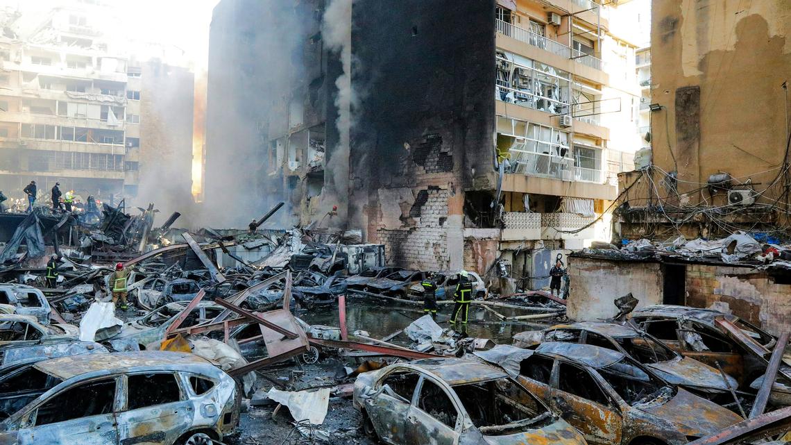 Firefighters attempt to extinguish a fire following an Israeli strike at the Corniche al-Mazraa neighborhood of Beirut on April 8, 2026. (Ibrahim Amro/AFP/Getty Images/TNS)