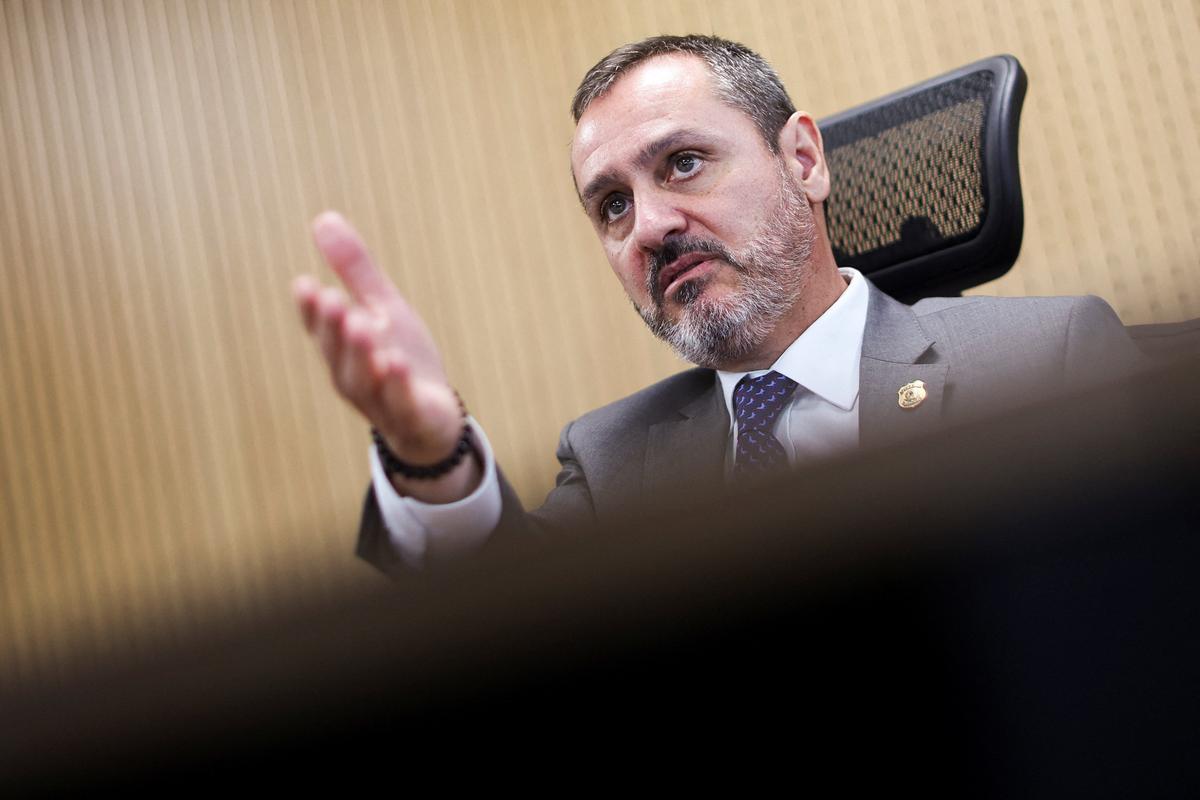 Brazil's Director-General of the Federal Police Andrei Rodrigues gestures during an interview with Reuters in Brasilia, Brazil, June 3, 2026. REUTERS/Adriano Machado