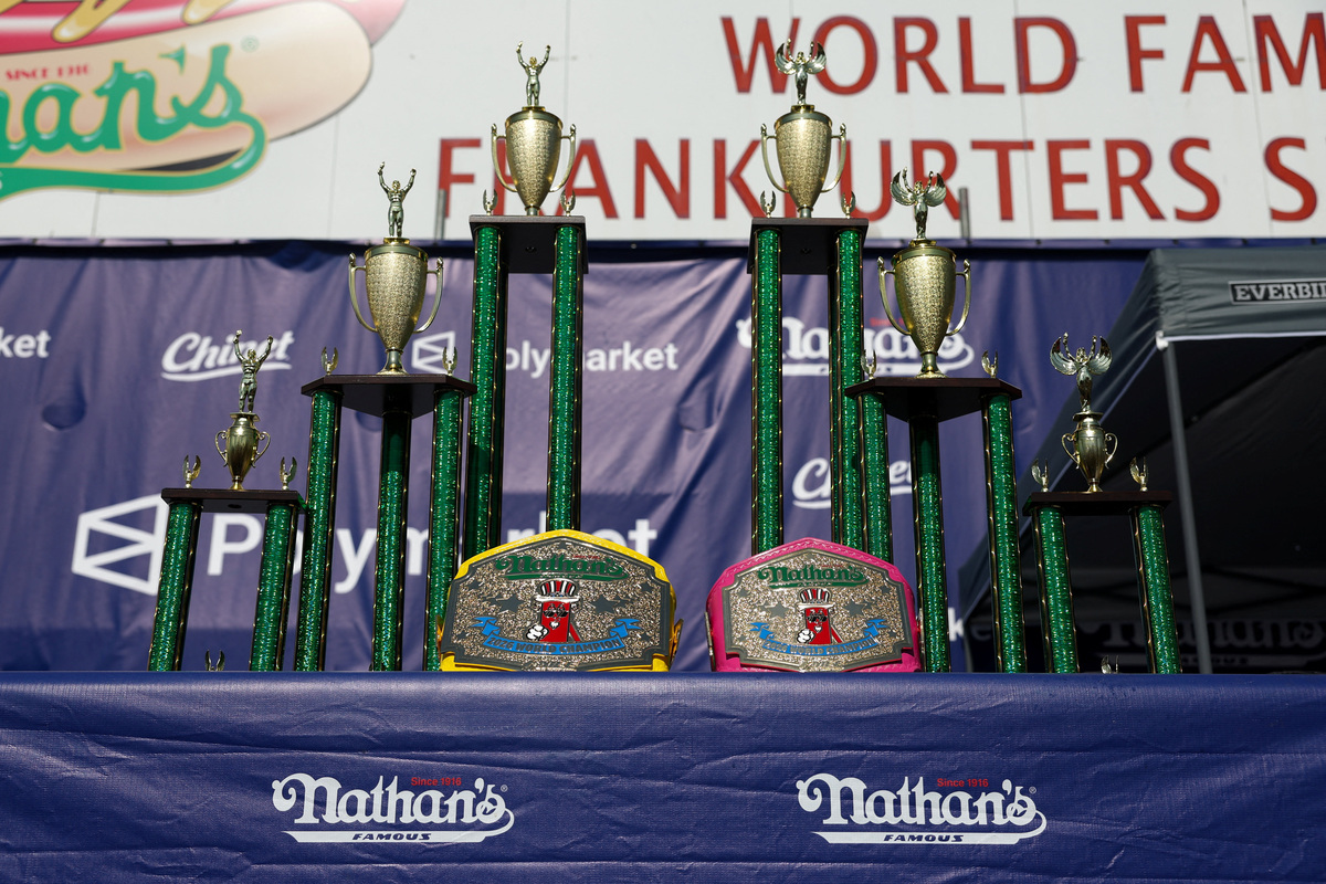 Awards sit on display on the day of the 2026 Nathan's Famous International Hot Dog Eating Contest, at Coney Island, Brooklyn in New York City, U.S., July 4, 2026. REUTERS/Jordan Tovin