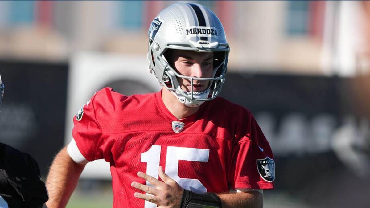  Jun 9, 2026; Henderson, NV, USA; Las Vegas Raiders quarterback Fernando Mendoza (15) runs during minicamp at Intermountain Health Performance Center. Mandatory Credit: Kirby Lee-Imagn Images | Kirby Lee-Imagn Images 