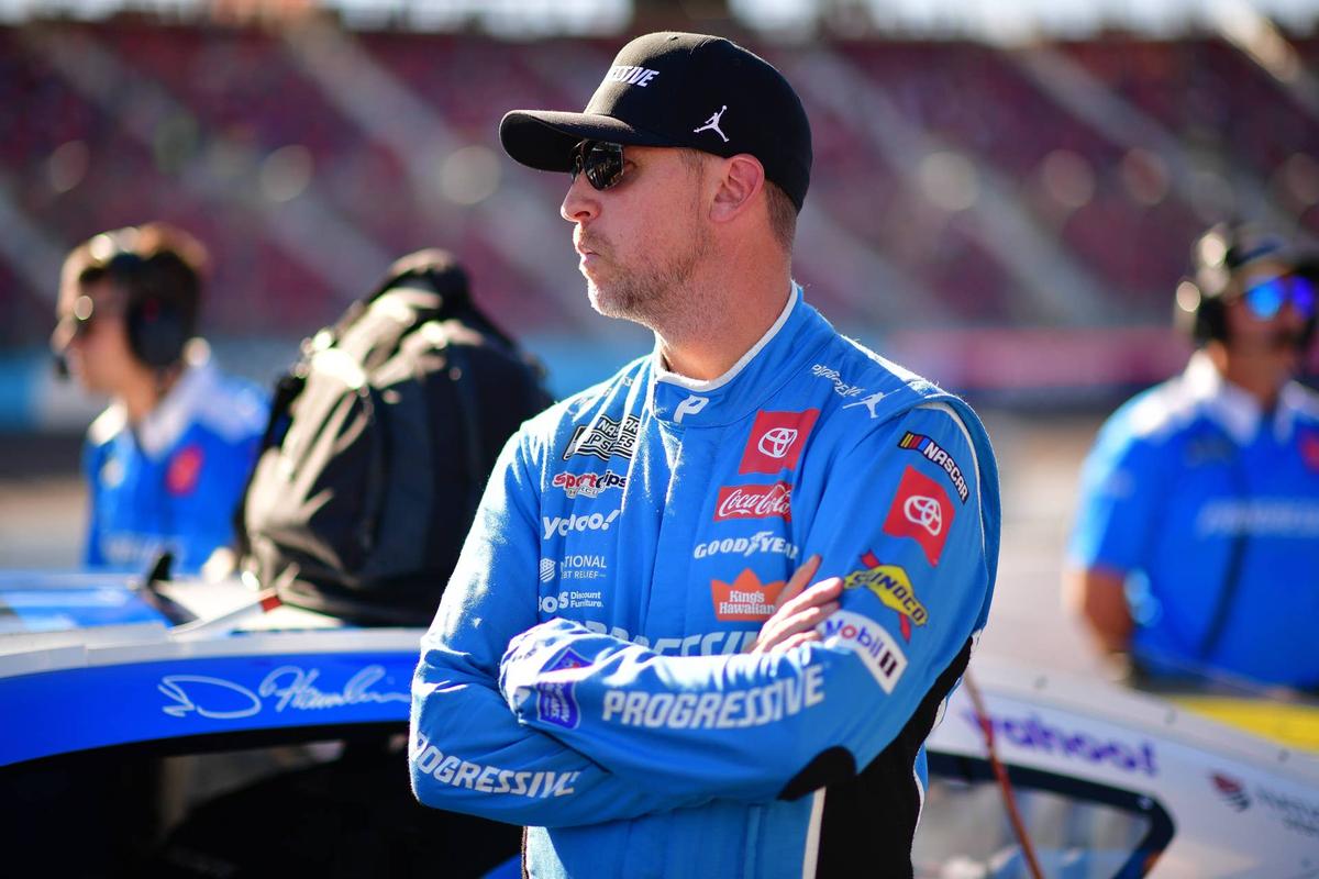  Nov 1, 2025; Avondale, Arizona, USA; NASCAR Cup Series driver Denny Hamlin (11) during qualifying at Phoenix Raceway. Mandatory Credit: Gary A. Vasquez-Imagn Images 