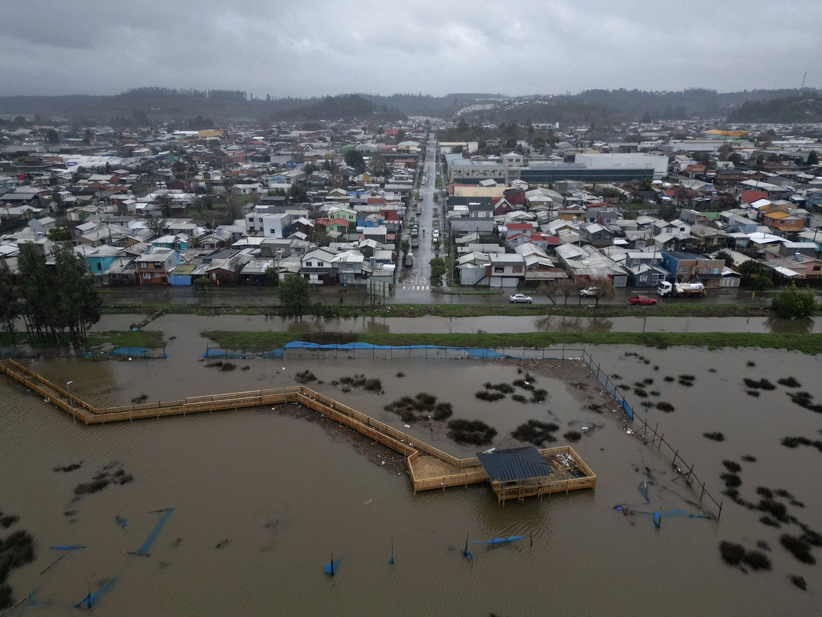 A drone view of a flooded area affected by the rain during a weather front that led the Chilean authorities to declare a preventive state of emergency at the start of the week, in Arauco, Chile, July 16, 2026. REUTERS/Juan Gonzalez