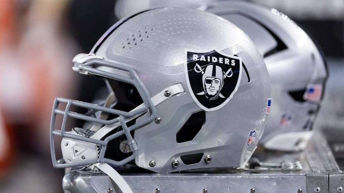  Aug 23, 2025; Glendale, Arizona, USA; Detailed view of a Las Vegas Raiders helmet during a preseason NFL game at State Farm Stadium. Mandatory Credit: Mark J. Rebilas-Imagn Images | Mark J. Rebilas-Imagn Images 
