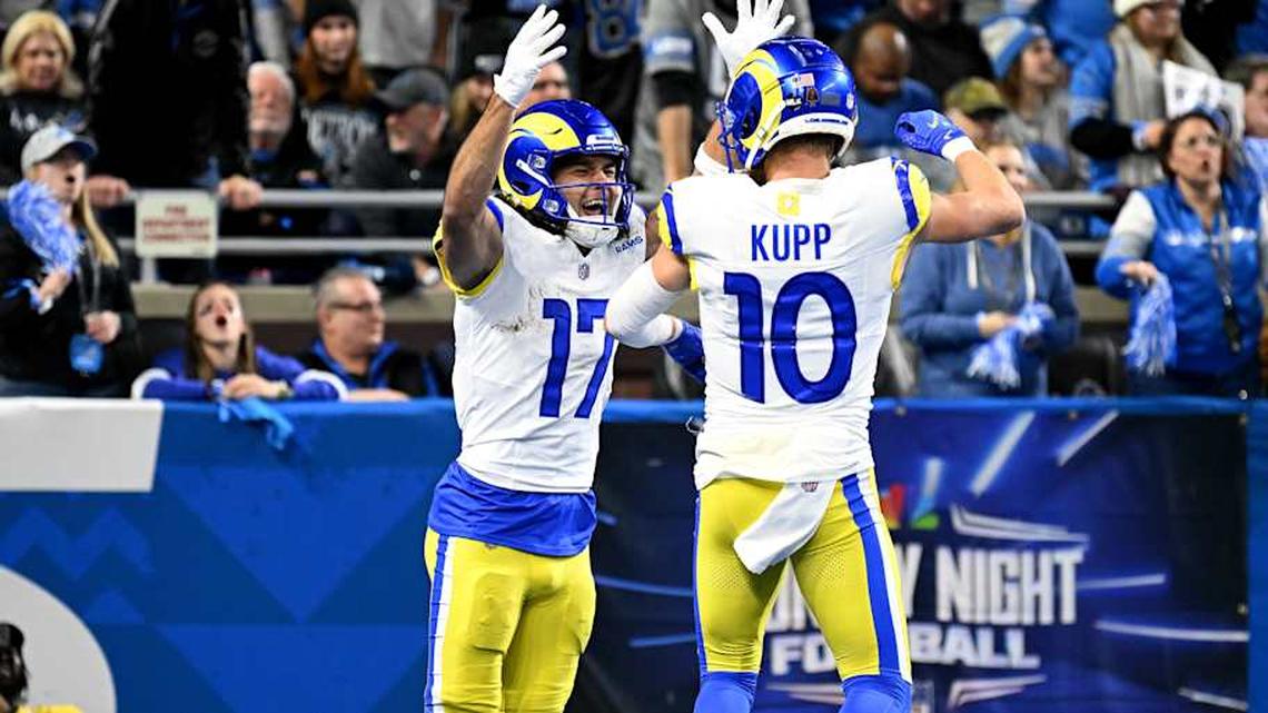 Jan 14, 2024; Detroit, Michigan, USA; Los Angeles Rams wide receiver Puka Nacua (17) celebrates with wide receiver Cooper Kupp (10) after a touchdown during the first half of a 2024 NFC wild card game against the Detroit Lions at Ford Field. Mandatory Credit: Lon Horwedel-Imagn Images | Lon Horwedel-Imagn Images 