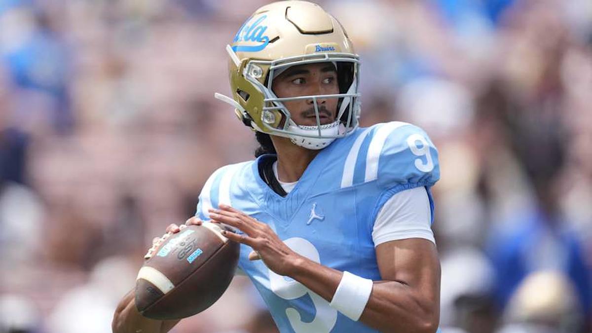  May 2, 2026; Pasadena, CA, USA; UCLA Bruins quarterback Nico Iamaleava (9) throws the ball during the spring game at Rose Bowl. Mandatory Credit: Kirby Lee-Imagn Images | Kirby Lee-Imagn Images 