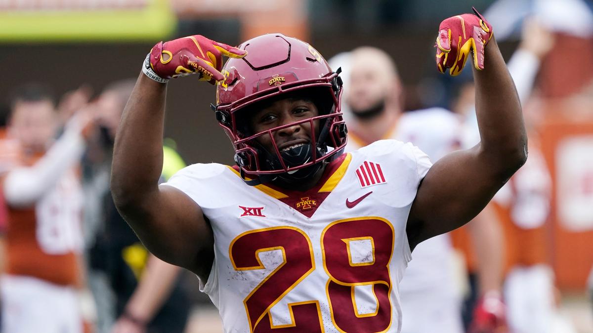 Iowa State running back Breece Hall (28) celebrates the team’s win over Texas in an NCAA college football game, Friday, Nov. 27, 2020, in Austin, Texas. (AP Photo/Eric Gay)
