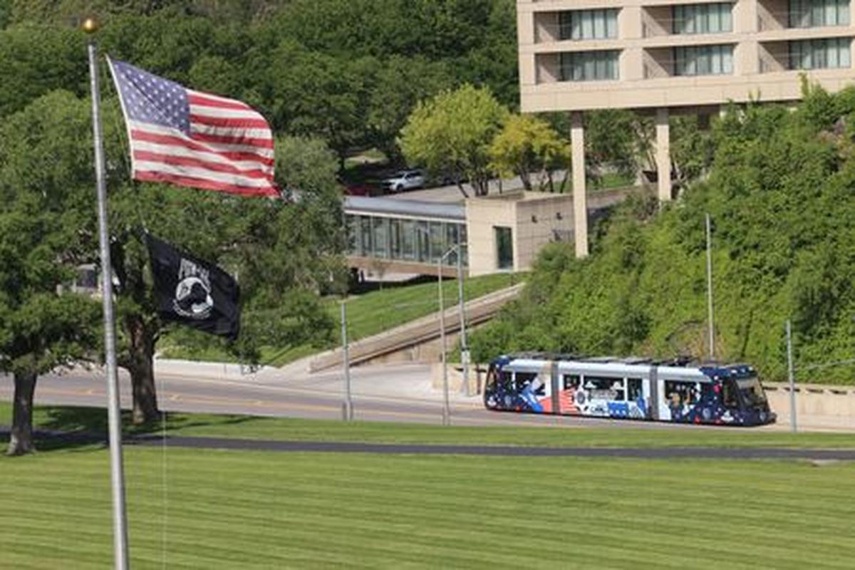 The streetcar travels up the hill near Liberty Memorial, as the city prepares to host the 2026 FIFA World Cup matches, in Kansas City, Missouri, U.S, May 9, 2026. REUTERS/Katie Currid