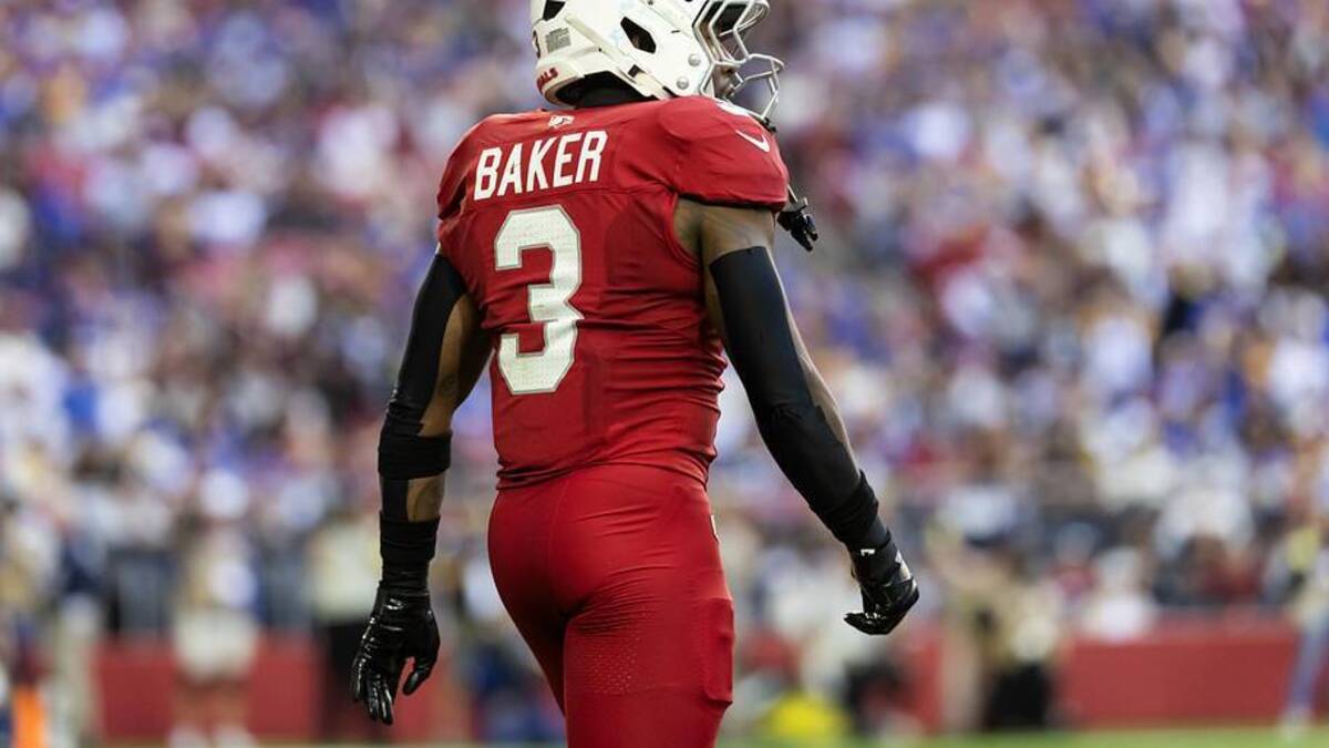  Dec 7, 2025; Glendale, Arizona, USA; Detailed view of the jersey of Arizona Cardinals safety Budda Baker (3) against the Los Angeles Rams at State Farm Stadium. Mandatory Credit: Mark J. Rebilas-Imagn Images | Mark J. Rebilas-Imagn Images 