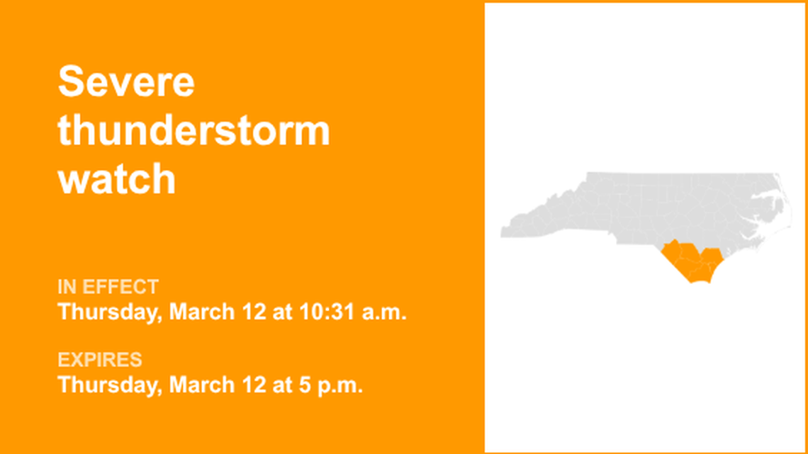 Eastern North Carolina under a severe thunderstorm watch until early Thursday evening 