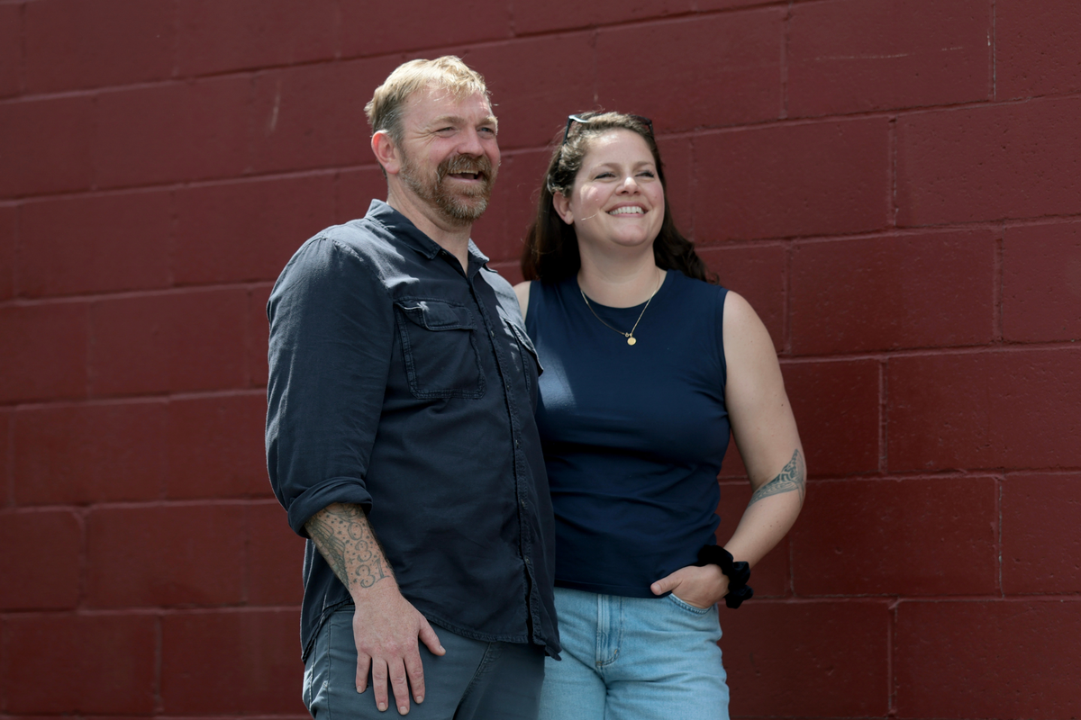  U.S. Senate candidate from Maine Graham Platner and his wife Amy Gertner are seen smiling after an event on May 17, 2026, in Portland, Maine. 