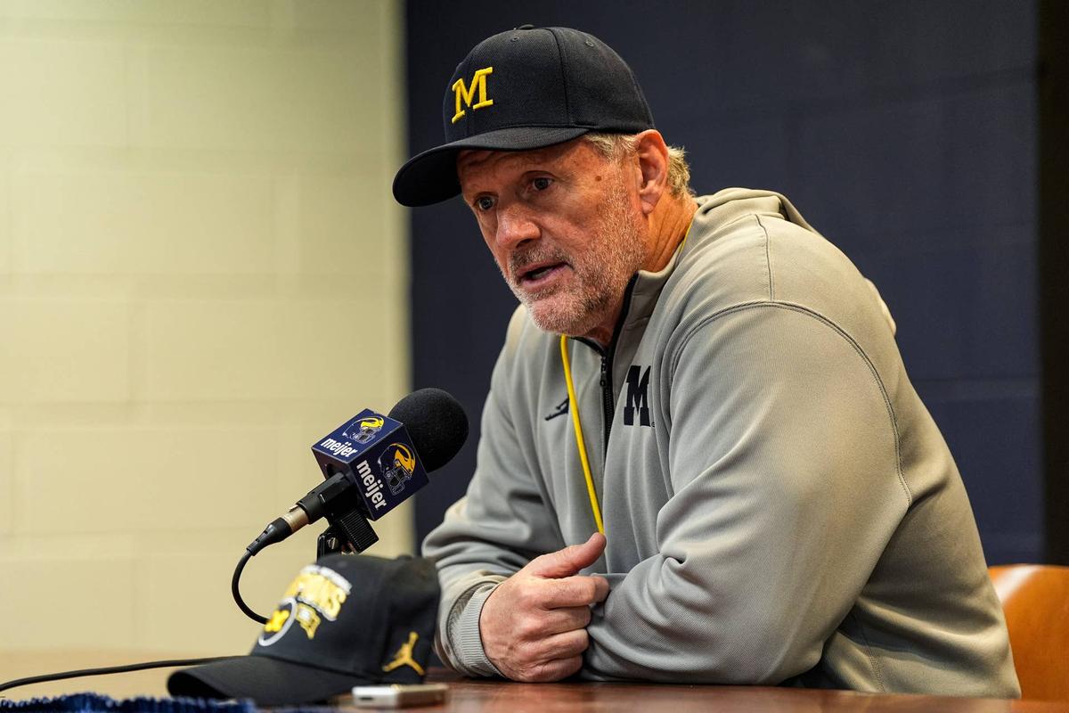  Michigan head coach Kyle Whittingham speaks to media after the spring game at Michigan Stadium in Ann Arbor on Saturday, April 18, 2026. 