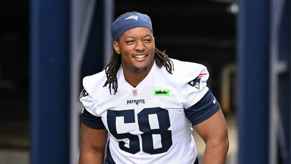  Jun 9, 2025; Foxborough, MA, USA; New England Patriots center Jared Wilson (58) walks to the practice fields at Gillette Stadium. Mandatory Credit: Eric Canha-Imagn Images | IMAGN IMAGES via Reuters Connect 