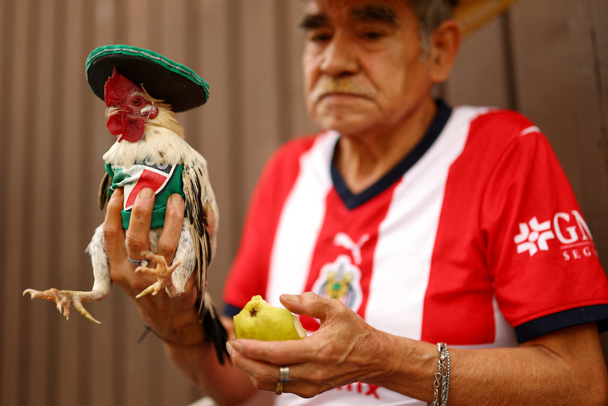 Soccer Football - FIFA World Cup 2026 - Group A - Mexico v South Africa - Estadio Azteca, Mexico City, Mexico - June 11, 2026 A Mexico fan holds a chicken and a pear outside the stadium before the match REUTERS/Hannah Mckay