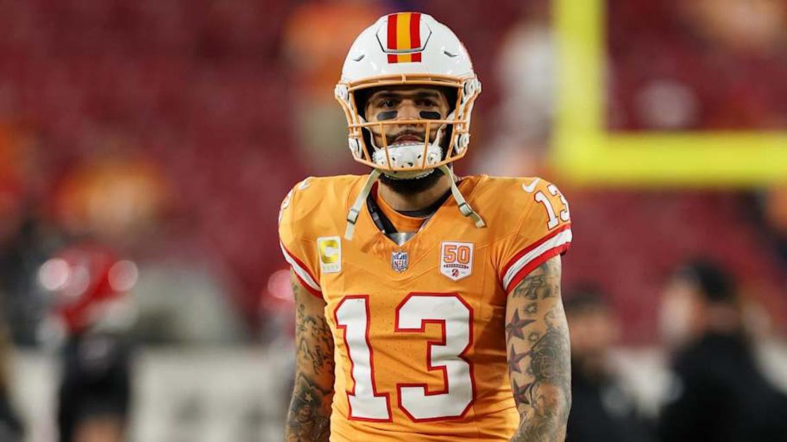  Dec 11, 2025; Tampa, Florida, USA; Tampa Bay Buccaneers wide receiver Mike Evans (13) walks on the field before the game against the Atlanta Falcons at Raymond James Stadium. Mandatory Credit: Nathan Ray Seebeck-Imagn Images | Nathan Ray Seebeck-Imagn Images 