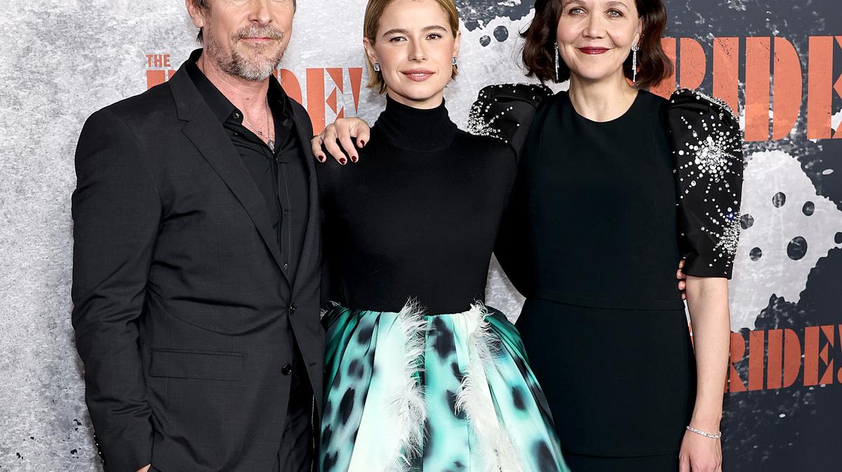 From left, Christian Bale, Jessie Buckley and Maggie Gyllenhaal attend "The Bride!" New York premiere at Rose Theater, Jazz at Lincoln Center on March 3, 2026, in New York City. (Jamie McCarthy/Getty Images/TNS)