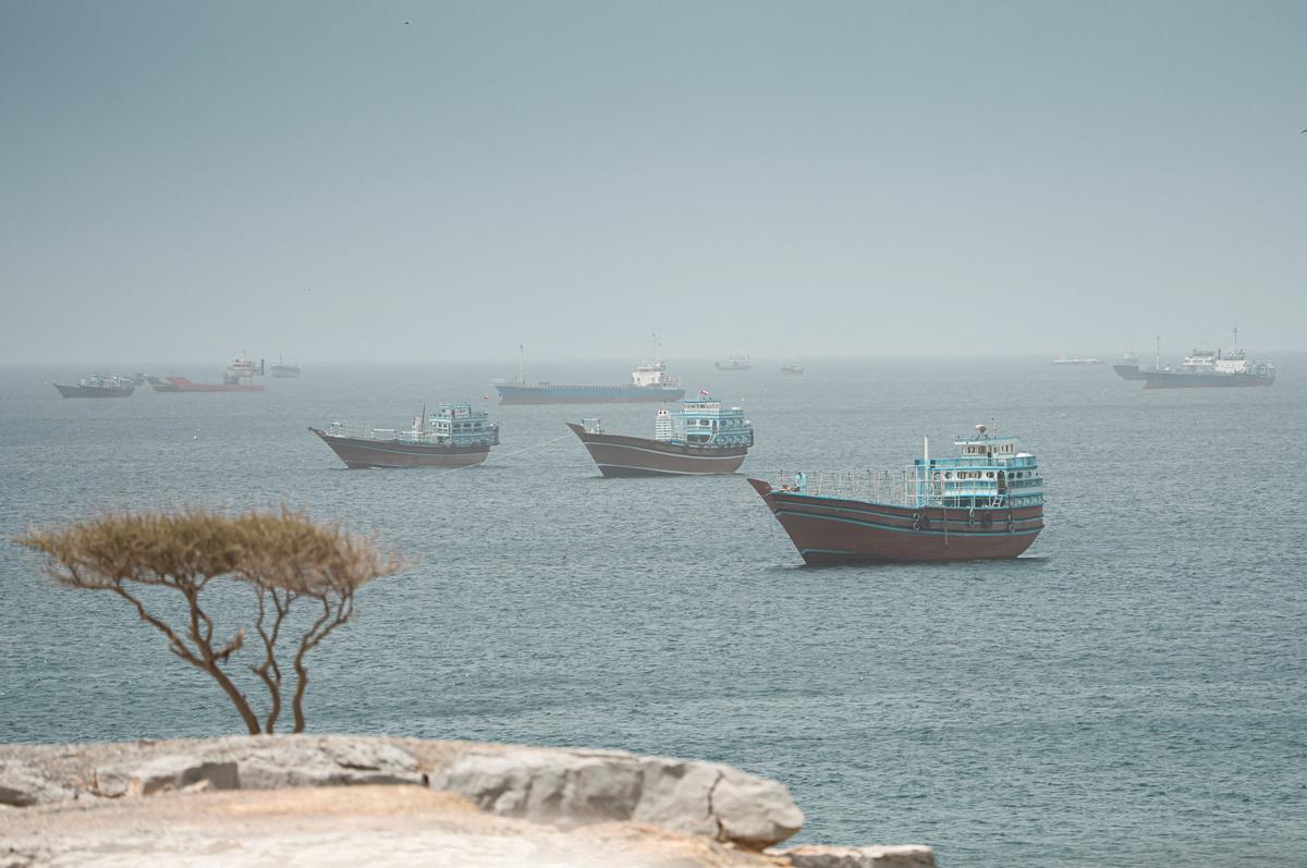 Vessels sail through the Strait of Hormuz, Musandam, Oman, May 20, 2026. REUTERS/Stringer