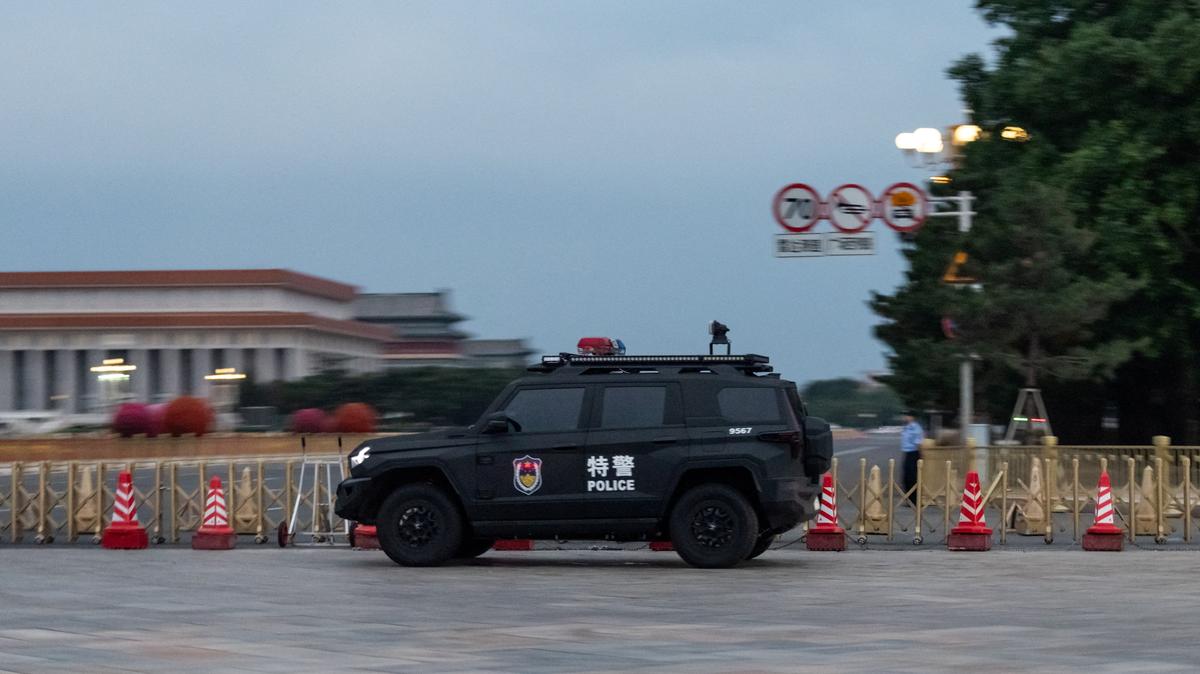 A police car is parked in the Tiananmen Square in Beijing, China, June 3, 2026. REUTERS/Maxim Shemetov