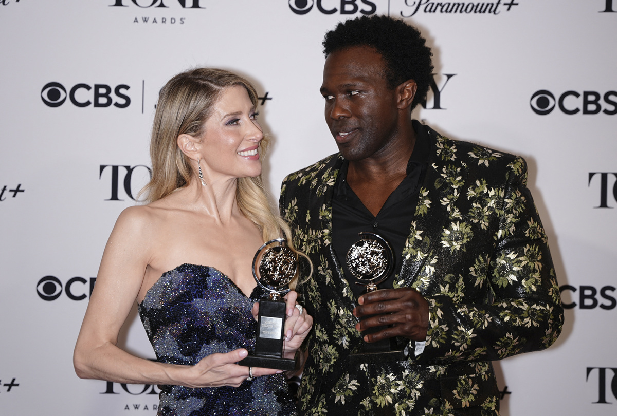 Caissie Levy and Joshua Henry pose during the 79th Annual Tony Awards in New York City, U.S., June 7, 2026. REUTERS/Angelina Katsanis