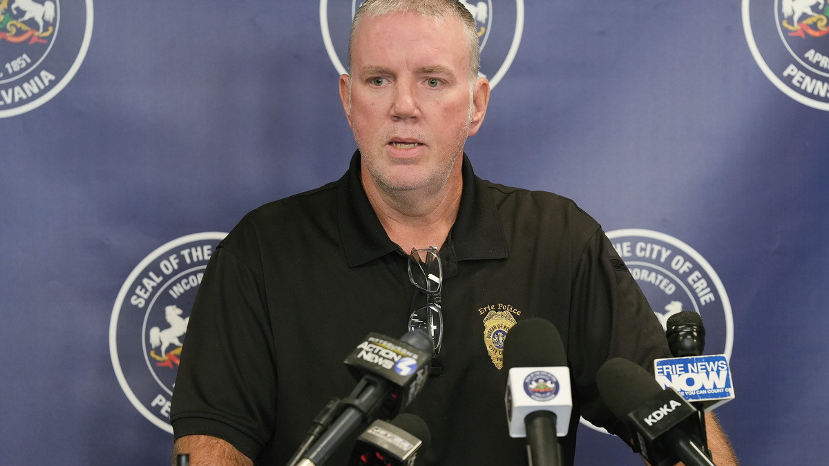At a news conference at City Hall on Oct. 10, Erie Police Chief Rick Lorah describes the shooting that killed nine people in Erie on Oct. 9.