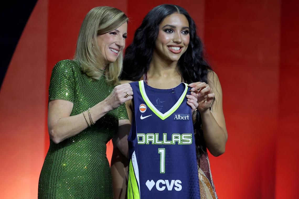  Apr 13, 2026; New York, NY, USA; WNBA Commissioner Cathy Engelbert (left) poses for photos with Azzi Fudd who was selected first overall by the Dallas Wings during the 2026 WNBA Draft at The Shed at Hudson Yards. Mandatory Credit: Brad Penner-Imagn Images 