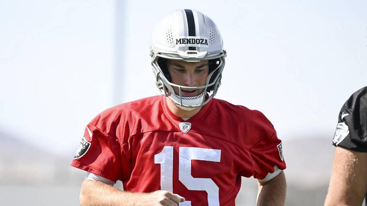  Jun 3, 2026; Henderson, NV, USA; Las Vegas Raiders quarterback Fernando Mendoza (15) warms up during organized team activities at Intermountain Health Performance Center. Mandatory Credit: Candice Ward-Imagn Images | Candice Ward-Imagn Images 