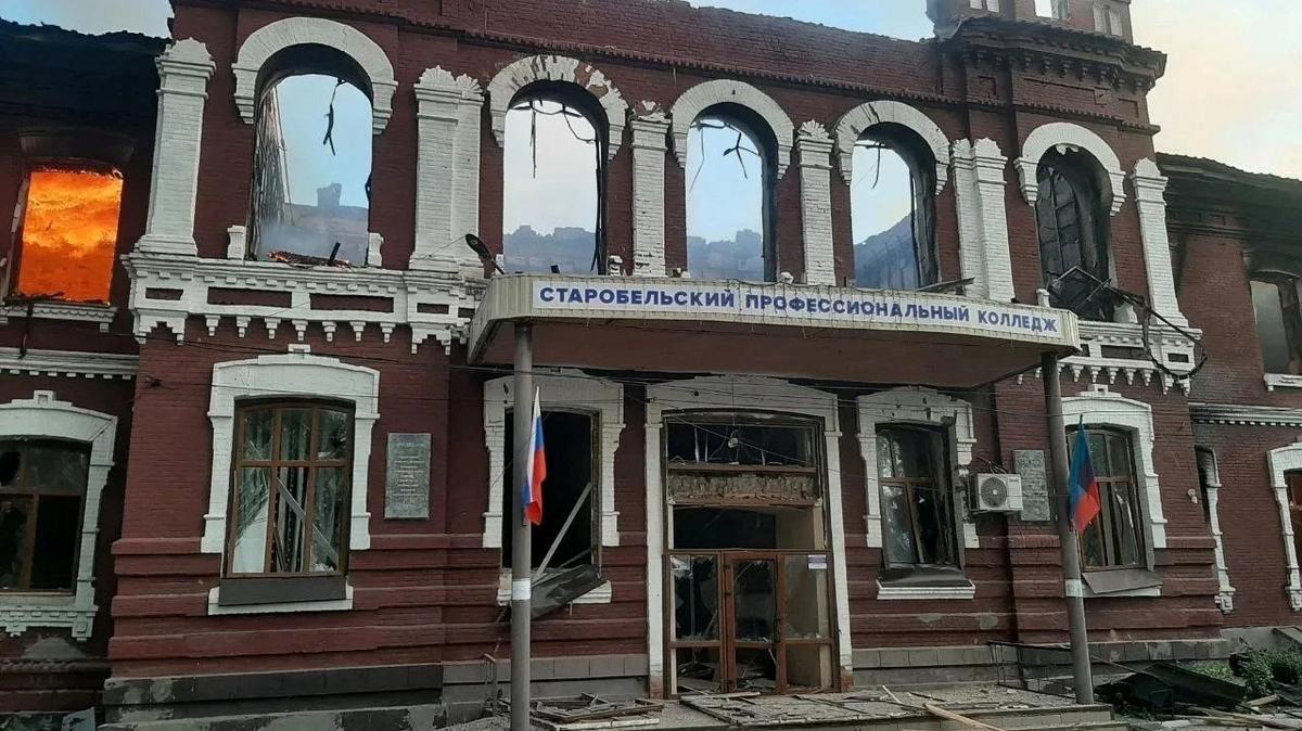 A damaged building of the Starobilsk College of Luhansk Pedagogical University following an overnight attack, what Russian-installed authorities called a Ukrainian drone strike, in the course of the Russia-Ukraine conflict in the town of Starobilsk (Starobelsk) in the Luhansk region, a Russian-controlled area of Ukraine, May 22, 2026. Leonid Pasechnik, head of the Russian-controlled parts of the Luhansk Region/Handout via REUTERS