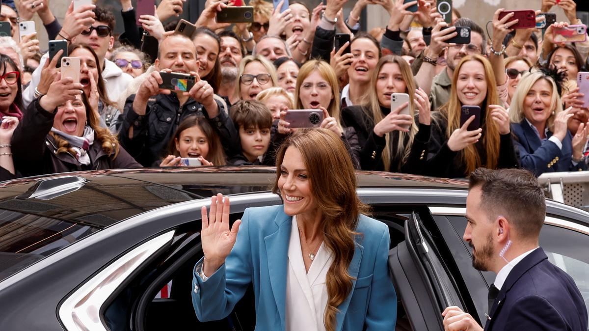 Britain's Catherine, Princess of Wales, arrives at Piazza Prampolini, as part of a two-day visit to the region, in Reggio Emilia, Italy, May 13, 2026. REUTERS/Remo Casilli