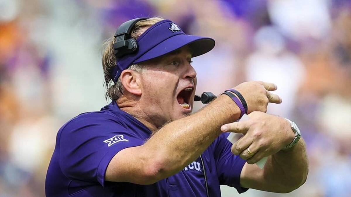 Oct 2, 2021; Fort Worth, Texas, USA; TCU Horned Frogs head coach Gary Patterson reacts during the first half against the Texas Longhorns at Amon G. Carter Stadium. Mandatory Credit: Kevin Jairaj-Imagn Images | Kevin Jairaj-Imagn Images 