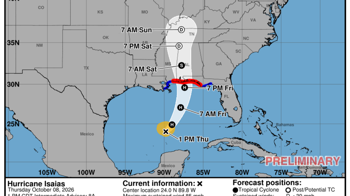 Latest update from the NHC on Category 1 Hurricane Isaias for Thursday, Oct. 8 