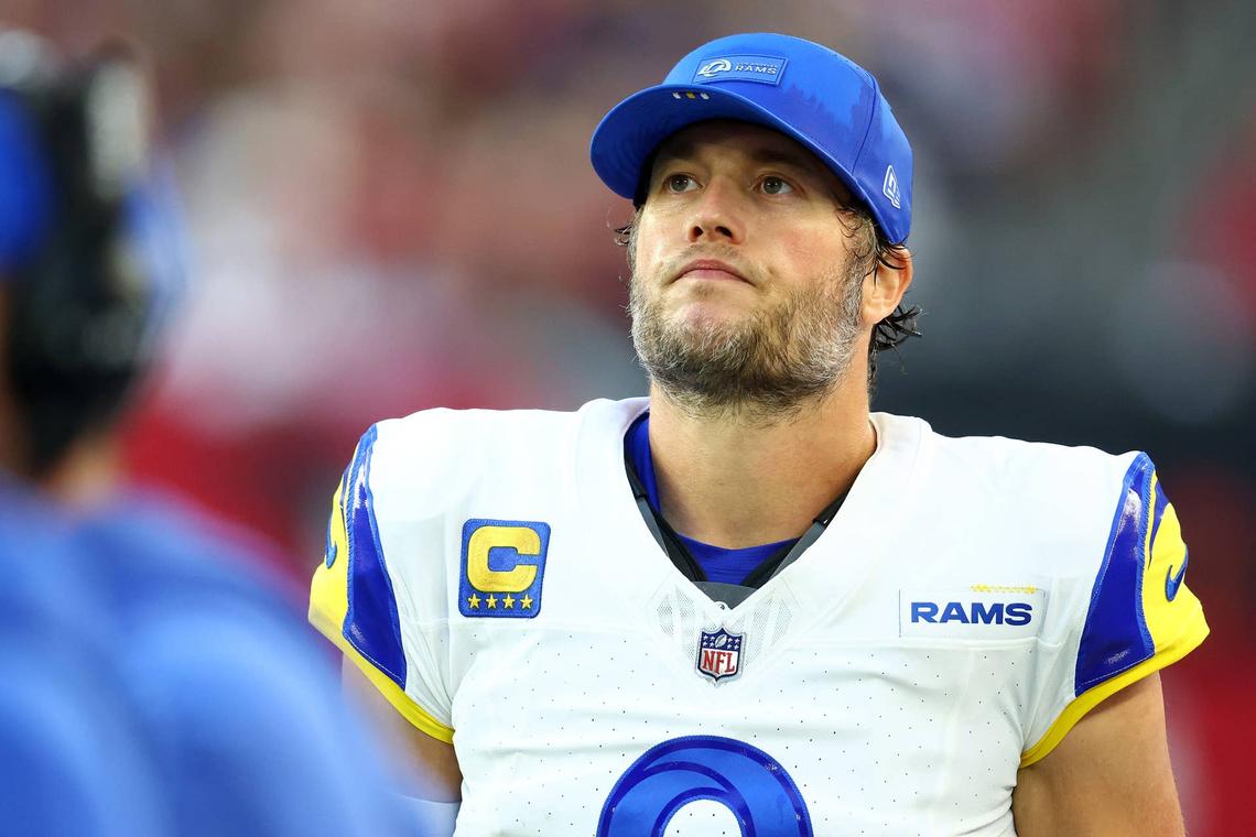  Dec 7, 2025; Glendale, Arizona, USA; Los Angeles Rams quarterback Matthew Stafford (9) during the second half at State Farm Stadium. Mandatory Credit: Mark J. Rebilas-Imagn Images 