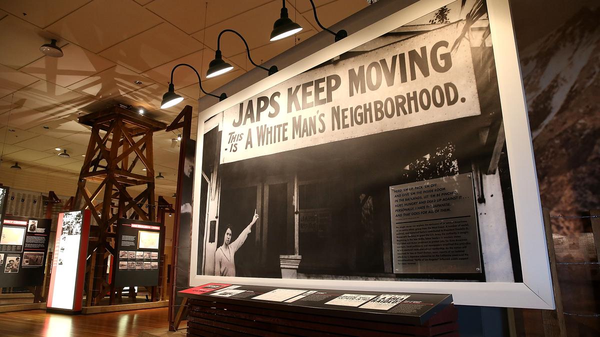 A vintage photograph is displayed at Manzanar War Relocation Center at Manzanar National Historic Site on Dec. 9, 2015, near Independence, Calif. (Justin Sullivan/Getty Images/TNS)