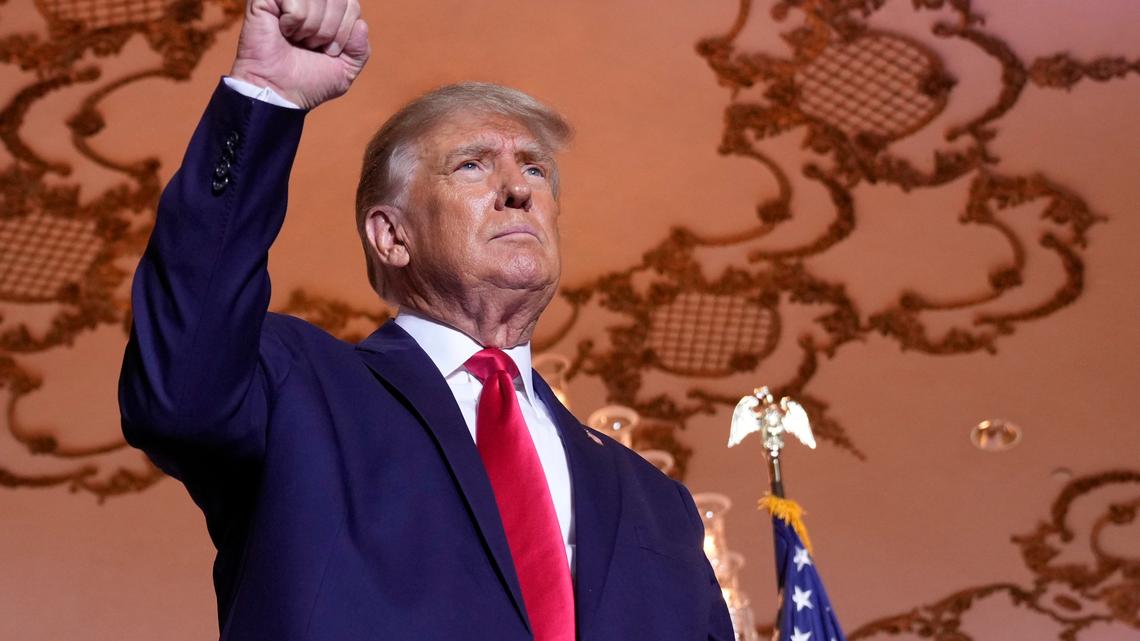 Former President Donald Trump on stage after announcing a third run for president at Mar-a-Lago in Palm Beach on Tuesday.