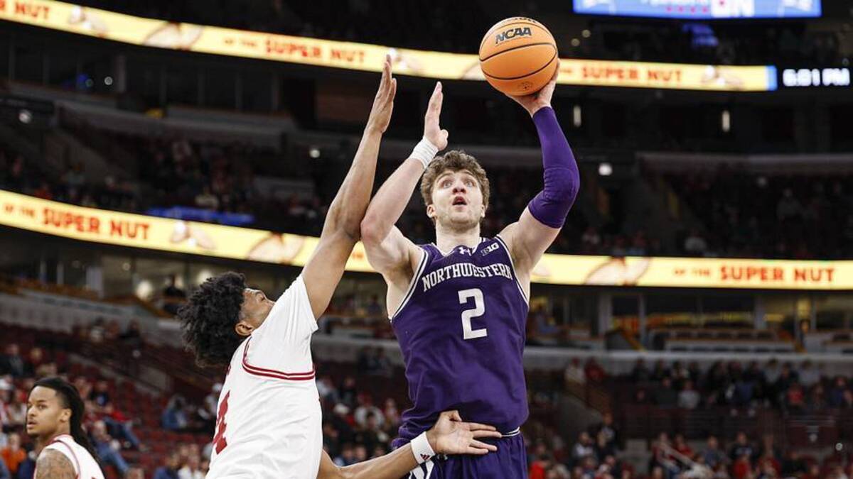  Mar 11, 2026; Chicago, IL, USA; Northwestern Wildcats forward Nick Martinelli (2) shoots against the Indiana Hoosiers during the first half at United Center. Mandatory Credit: Kamil Krzaczynski-Imagn Images | Kamil Krzaczynski-Imagn Images 