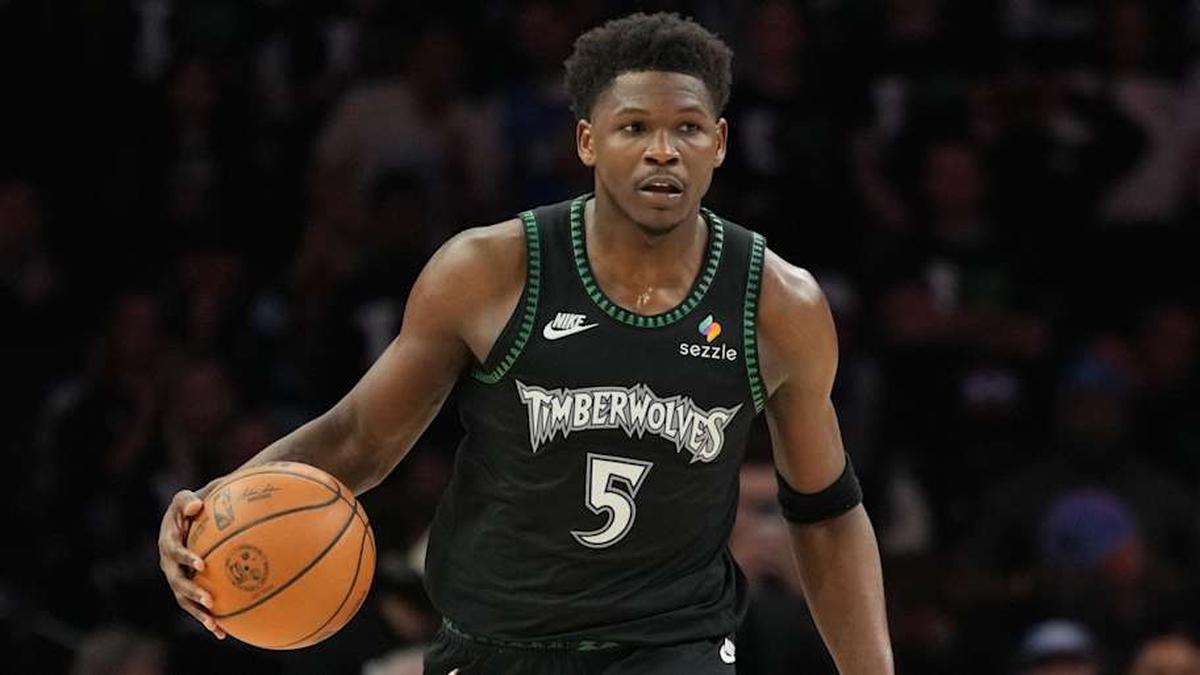  May 8, 2026; Minneapolis, Minnesota, USA; Minnesota Timberwolves guard Anthony Edwards (5) dribbles against the San Antonio Spurs in the second half during game three of the second round of the 2026 NBA Playoffs at Target Center. | Jesse Johnson-Imagn Images 