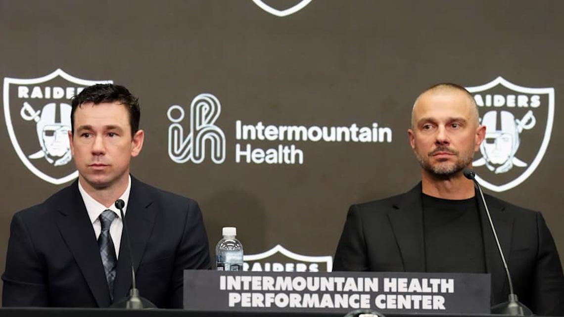  Feb 10, 2026; Henderson, NV, USA; Las Vegas Raiders coach Klint Kubiak (left) and general manager John Spytek at introductory press conference at Intermountain Health Performance Center. Mandatory Credit: Kirby Lee-Imagn Images | Kirby Lee-Imagn Images 
